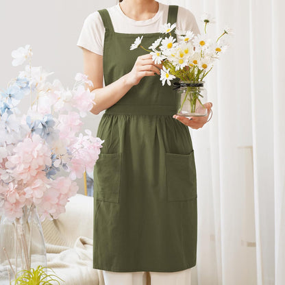 Cotton Linen Pinafore Apron Dress for Women with Pockets Cute Art Chef Aprons for Kitchen Baking Gardening Painting