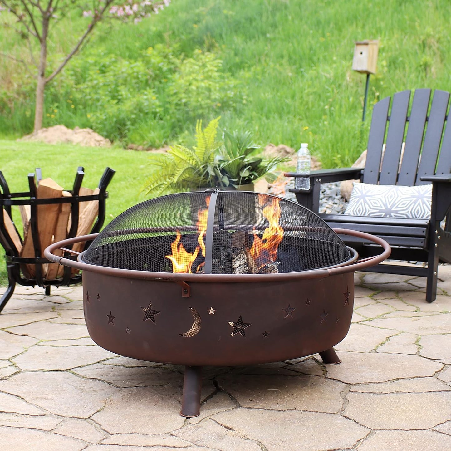 Sunnydaze Cosmic 42-Inch Large Outdoor Fire Pit - Wood-Burning Fire Pit with round Spark Screen, Poker, and Built-In Grate