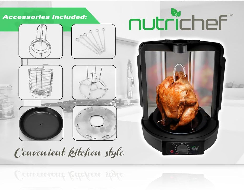 Nutrichef Vertical Countertop Rotisserie Oven Roaster, Rotating Shawarma and Kebab Machine with Skewer and Rack, Basket Tower, Roasting Rack, Poultry Tower, Drip Tray, for Meat Chicken Turkey Lamb