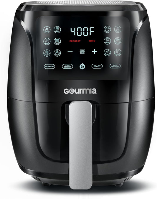 Gourmia Air Fryer Oven Digital Display 4 Quart Large Airfryer Cooker 12 1-Touch Cooking Presets, Black and Stainless Steel Accents Fry Force GAF486