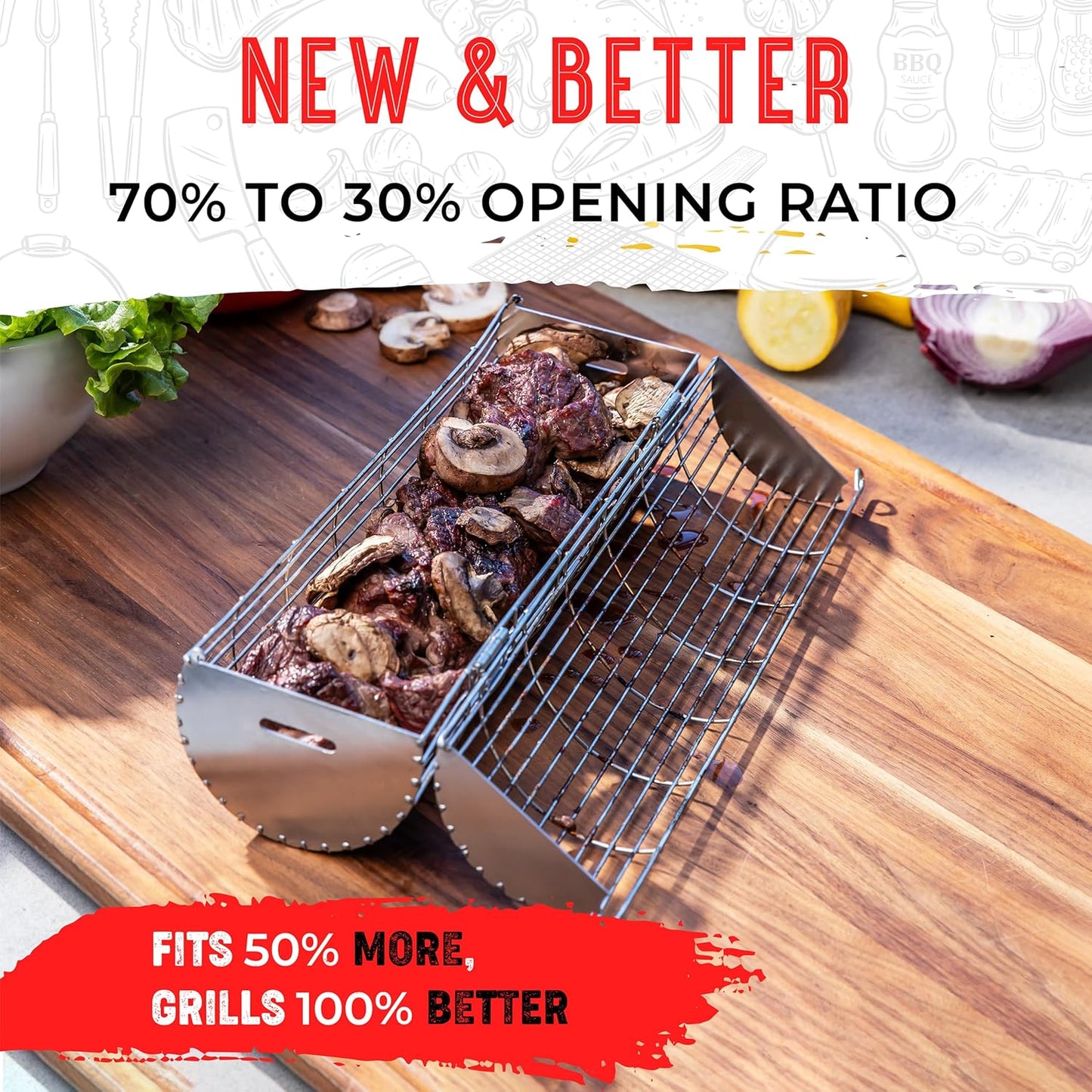 Rolling Grill Basket, New Opening Design, Extra Sturdy Cylinder Grilling Basket, Food Grade Stainless Steel, Large Portable Outdoor Camping Accessories BBQ Net Rack, Cooking Griller for Fish, Vegetables, and More - Gifts for Men Dad Husband - Set of 2