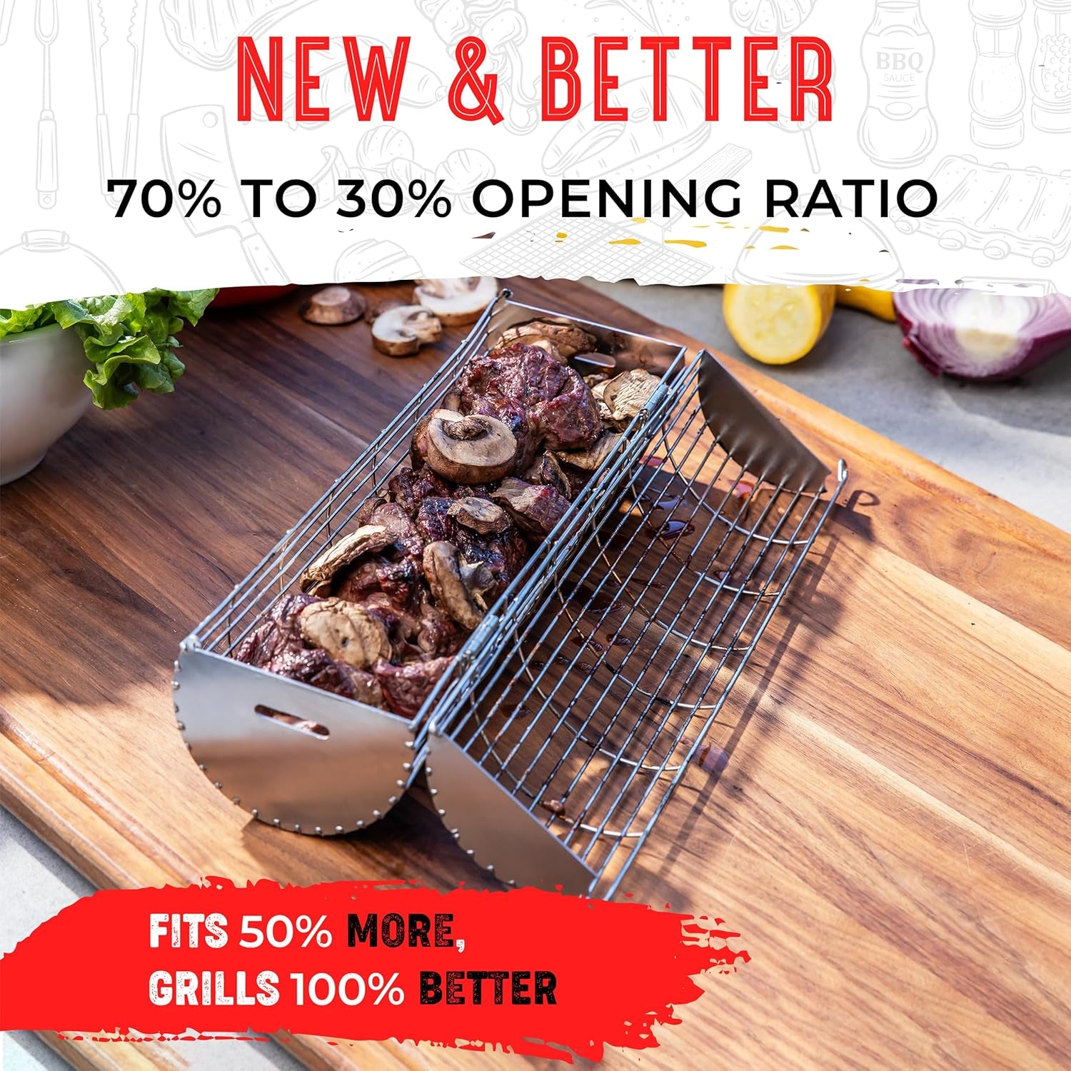 Rolling Grill Basket, New Opening Design, Extra Sturdy Cylinder Grilling Basket, Food Grade Stainless Steel, Large Portable Outdoor Camping Accessories BBQ Net Rack, Cooking Griller for Fish, Vegetables, and More - Gifts for Men Dad Husband - Set of 2