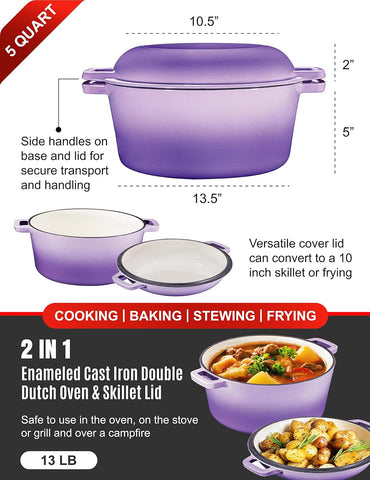 Image of Bruntmor 2-In-1 Enamel Cast Iron Dutch Oven with Handles - Crock Pot Purple Cast Iron Pot with Skillet Lid - All-In-One Cookware Braising Pan for Casserole Dish - 5 Quart, Purple