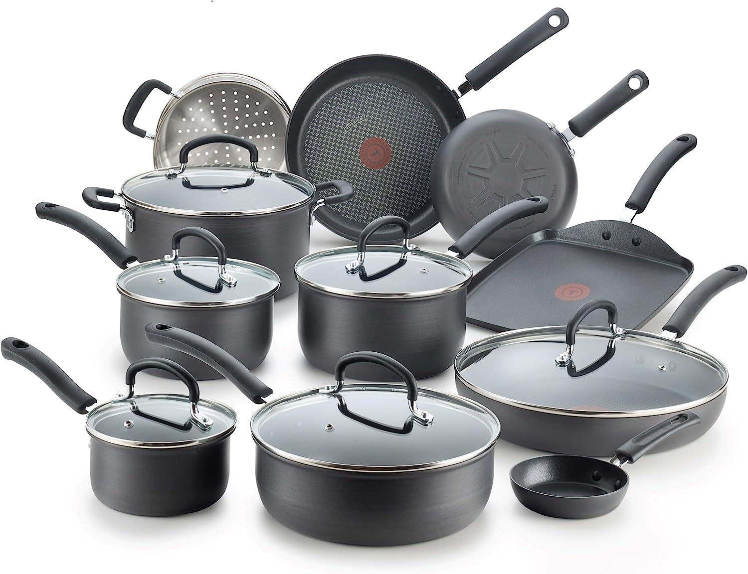 T-Fal Ultimate Hard Anodized Nonstick Cookware Set 17 Piece, Oven Broiler Safe 400F, Lid Safe 350F, Kitchen Cooking Set W/Fry Pans, Saucepans, Saute Pan, Griddle, Pots and Pans, Dishwasher Safe Black