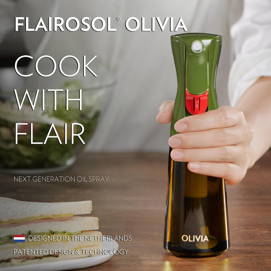 FLAIROSOL OLIVIA Oil Sprayer for Cooking, 200Ml Glass Olive Oil Sprayer, Continuous Cooking Spray with Portion Control, Oil Dispenser for Kitchen, Air Fryer, Salad, BBQ (Green Bottle, Gold Print)