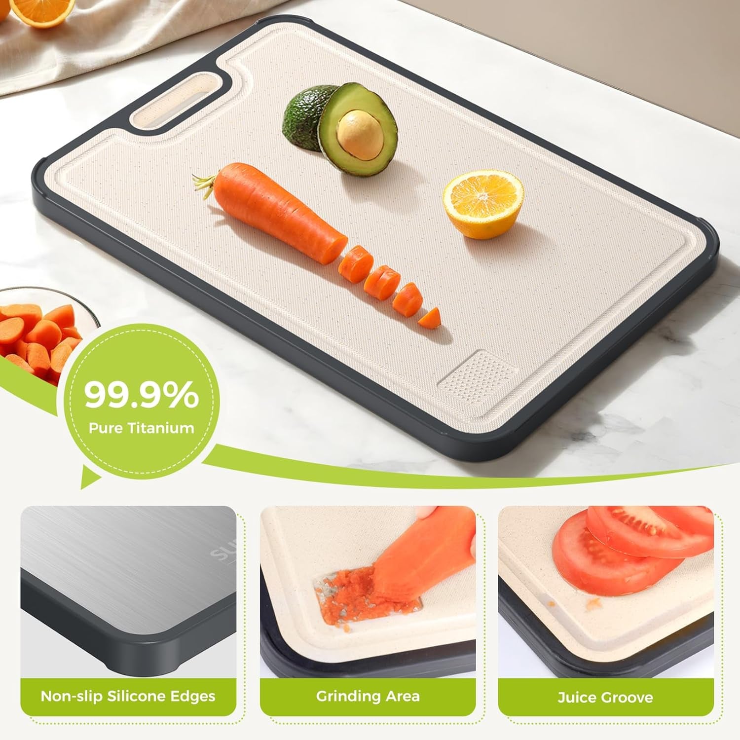 Titanium Cutting Boards for Kitchen, Cutting Board Double Sided Food Grade, Pure Titanium and Wheat Straw PP, Dishwasher Safe Easy to Clean Large Size 16”×11”