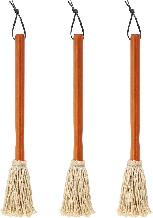 16" BBQ Sauce Basting Mops & Brushes for Roasting or Grilling, Apply Barbeque, Marinade or Glazing, Cotton Fiber Head and Hardwood Handle, Dish Mop Style, Perfect for Cooking or Cleaning - Pack of 3