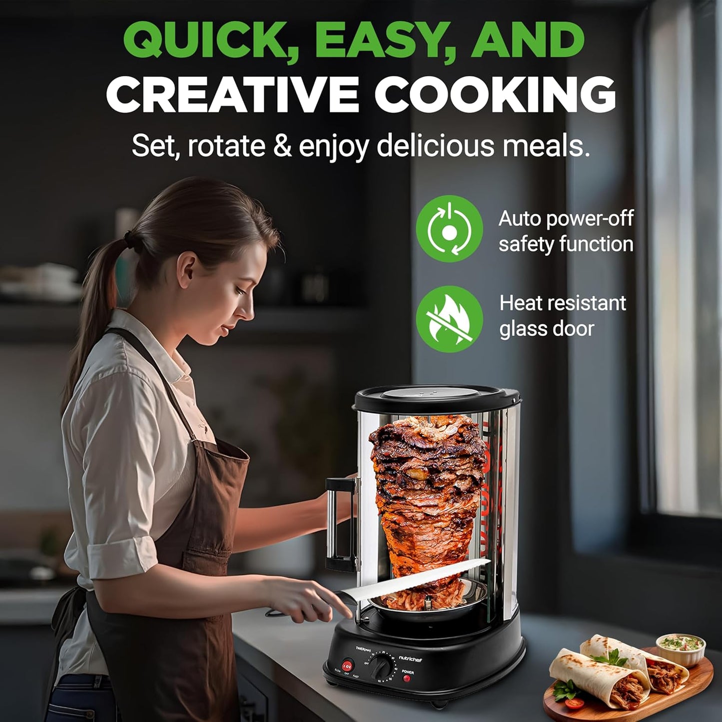 Nutrichef Vertical Rotating Turkey & Shawarma Oven | Rotisserie, Shawarma, & Kebab Machine | Stain-Resistant, Energy-Efficient | Heat-Resistant Door | Includes Kebab Rack & 7 Skewers | Stainless Steel