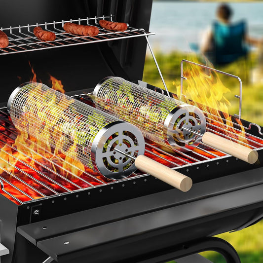 Rolling Grilling Baskets for Outdoor Grill, 2 Pcs BBQ Grill Basket, Stainless Steel Barbeque Grill Accessories Set, Camping Picnic Cooking Tools for Vegetable/Shrimp/Chicken, Gifts for Men Dad Husband