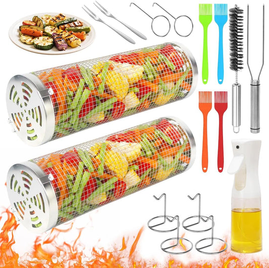 Rolling Grilling Baskets 2 PCS, Stainless Steel BBQ Net Tube Baskets with Oil Sprayer BBQ Accessories Tools for Vegetable Fish Meat Food Camping, Gifts for Men Dad and Husband