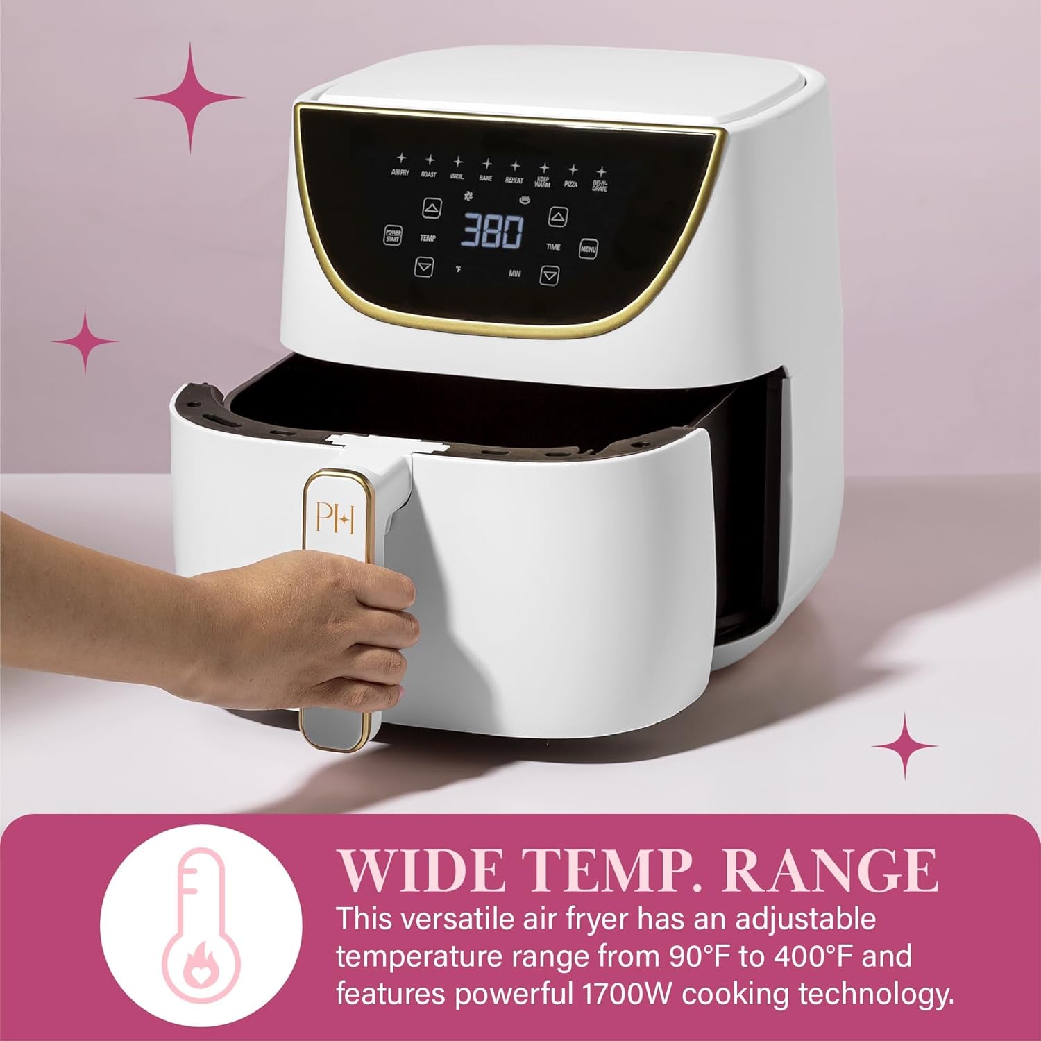Paris Hilton Air Fryer, Large 6-Quart Capacity, Nonstick Made without PFAS, Touchscreen Display, 8-In-1 (Air Fry, Roast, Broil, Bake, Reheat, Keep Warm, Pizza, Dehydrate), Dishwasher Safe, White