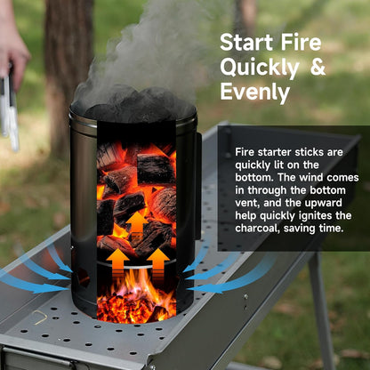 Charcoal Chimney Starter, Heavy Duty Premium Chimney Starter for Charcoal Grills BBQ Accessory with Heat Resistant Wooden Handle for Outdoor Grill Camping (‌Black)