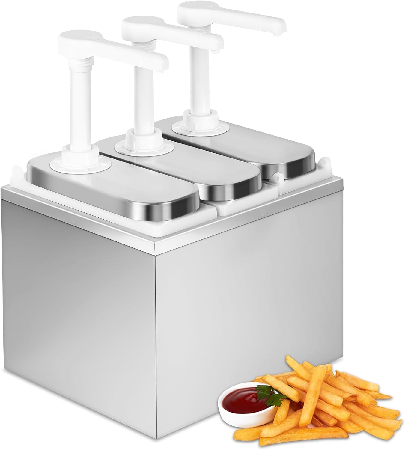 3.2Quart Condiment Pump Station Stainless Steel Sauce Dispenser Pump Condiment Pump Dispenser with 3 of 1.1 Quart Jars