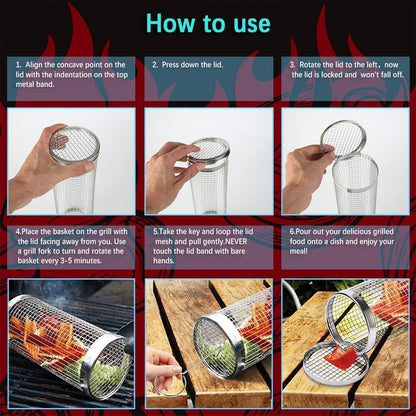 BBQ Net Tube-Rolling Grilling Basket,Rolling Grilling Baskets for Outdoor Grilling,Round Stainless Steel BBQ Grill Mesh, Camping Barbecue Rack for Vegetables, French Fries, Fish