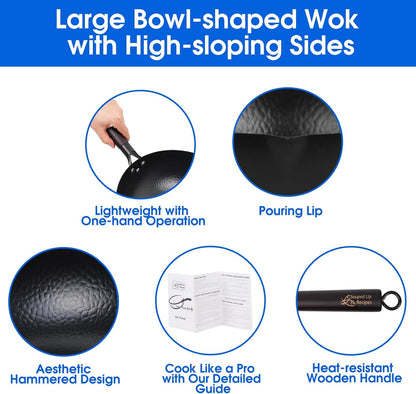 13.4 Inch Carbon Steel Wok for Electric, Induction and Gas Stoves (Lid, Spatula and User Guide Video Included)