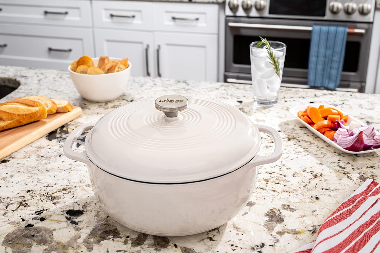 Lodge 6 Quart Enameled Cast Iron Dutch Oven with Lid – Dual Handles, Oven Safe up to 500°F, Stovetop Compatible – Marinate, Cook, Bake, Refrigerate & Serve – Oyster White