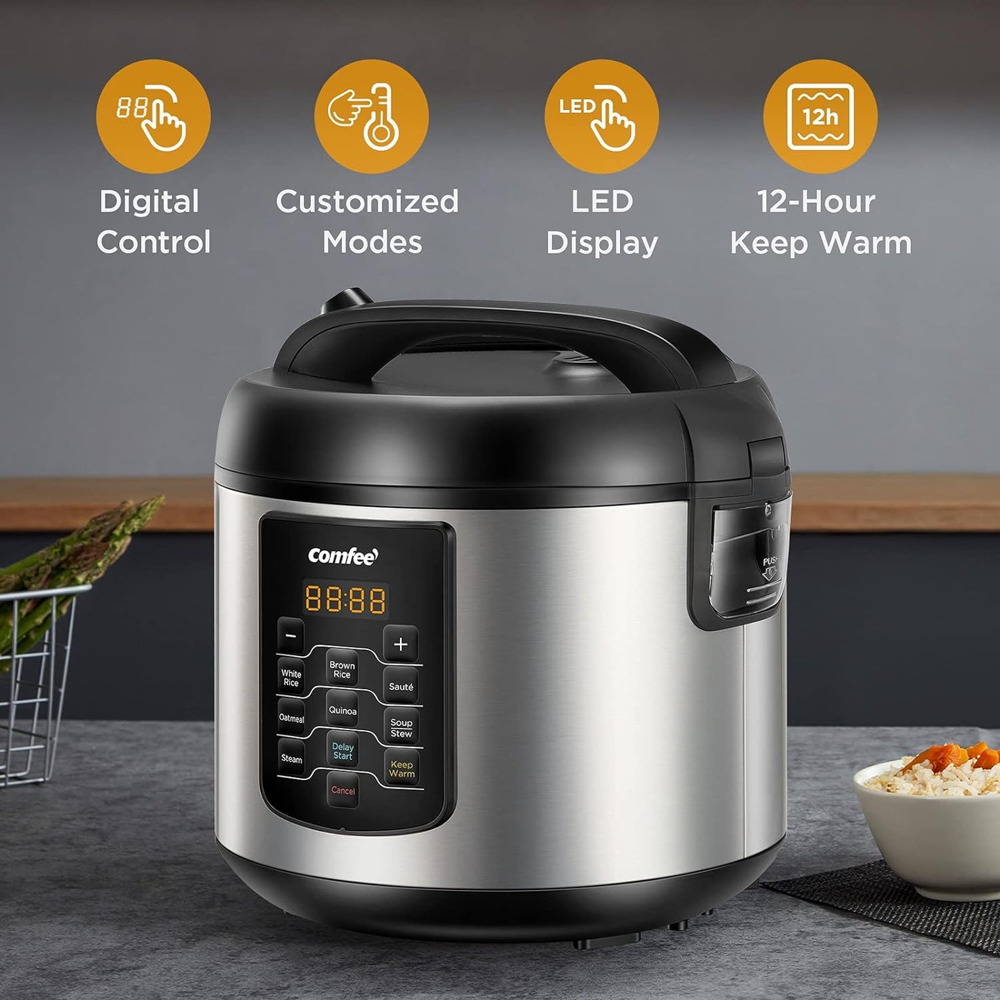 COMFEE' Rice Cooker 10 Cup Uncooked/20 Cup Cooked , Rice Maker, Steamer, Saute, Steamer and Warmer, 5.2 QT Large Capacity, Brown Rice, Quinoa and Oatmeal, 8 One-Touch Programs