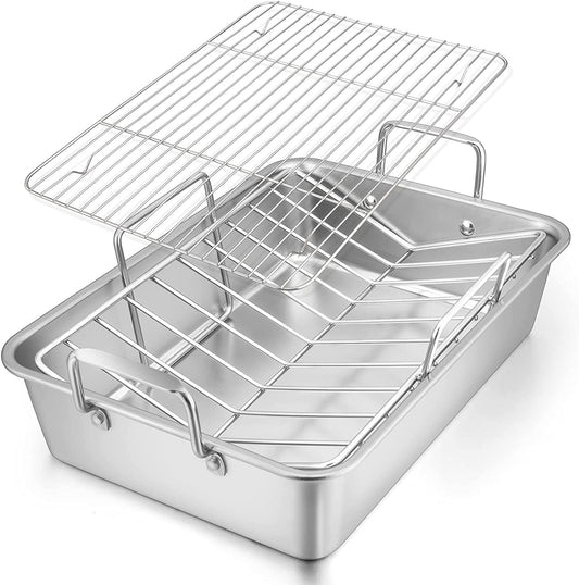 Roasting Pan, E-Far 16 X 11.5 Inch Stainless Steel Turkey Roaster with Rack - Deep Broiling Pan & V-Shaped Rack & Flat Rack, Non-Toxic & Heavy Duty, Easy Clean & Dishwasher Safe - Large