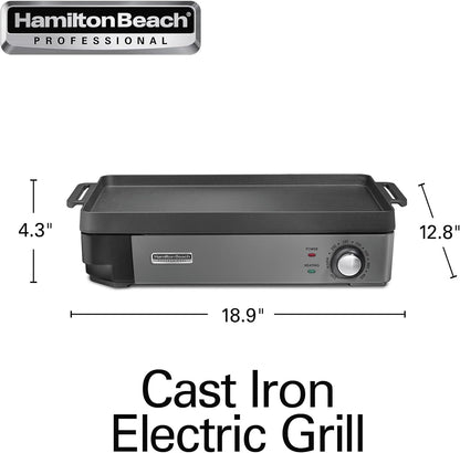 Hamilton Beach Professional Cast Iron Indoor Electric Grill & Griddle, 10" X 16" Preseasoned Cooking Surface, Adjustable Temperature up to 450° F, Black (38560)