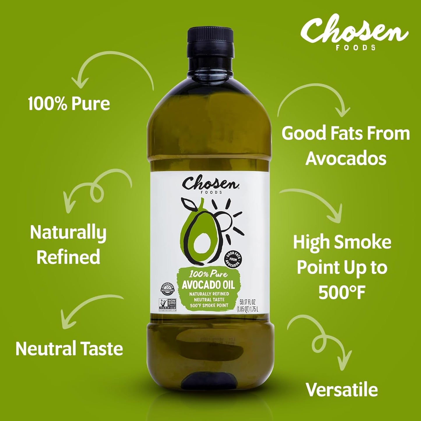 Chosen Foods 100% Pure Avocado Oil for Cooking - 1.75L - Made with Good Fats from Avocados, Naturally Refined, Never Adulterated, High Smoke Point, Non-Gmo, Soy-Free, Canola Oil-Free, Gluten-Free, Paleo, Keto