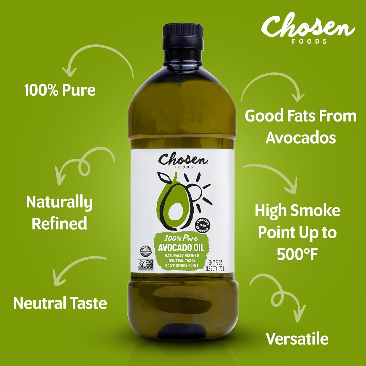 Chosen Foods 100% Pure Avocado Oil for Cooking - 1.75L - Made with Good Fats from Avocados, Naturally Refined, Never Adulterated, High Smoke Point, Non-Gmo, Soy-Free, Canola Oil-Free, Gluten-Free, Paleo, Keto