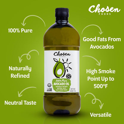 Chosen Foods 100% Pure Avocado Oil for Cooking - 1.75L - Made with Good Fats from Avocados, Naturally Refined, Never Adulterated, High Smoke Point, Non-Gmo, Soy-Free, Canola Oil-Free, Gluten-Free, Paleo, Keto