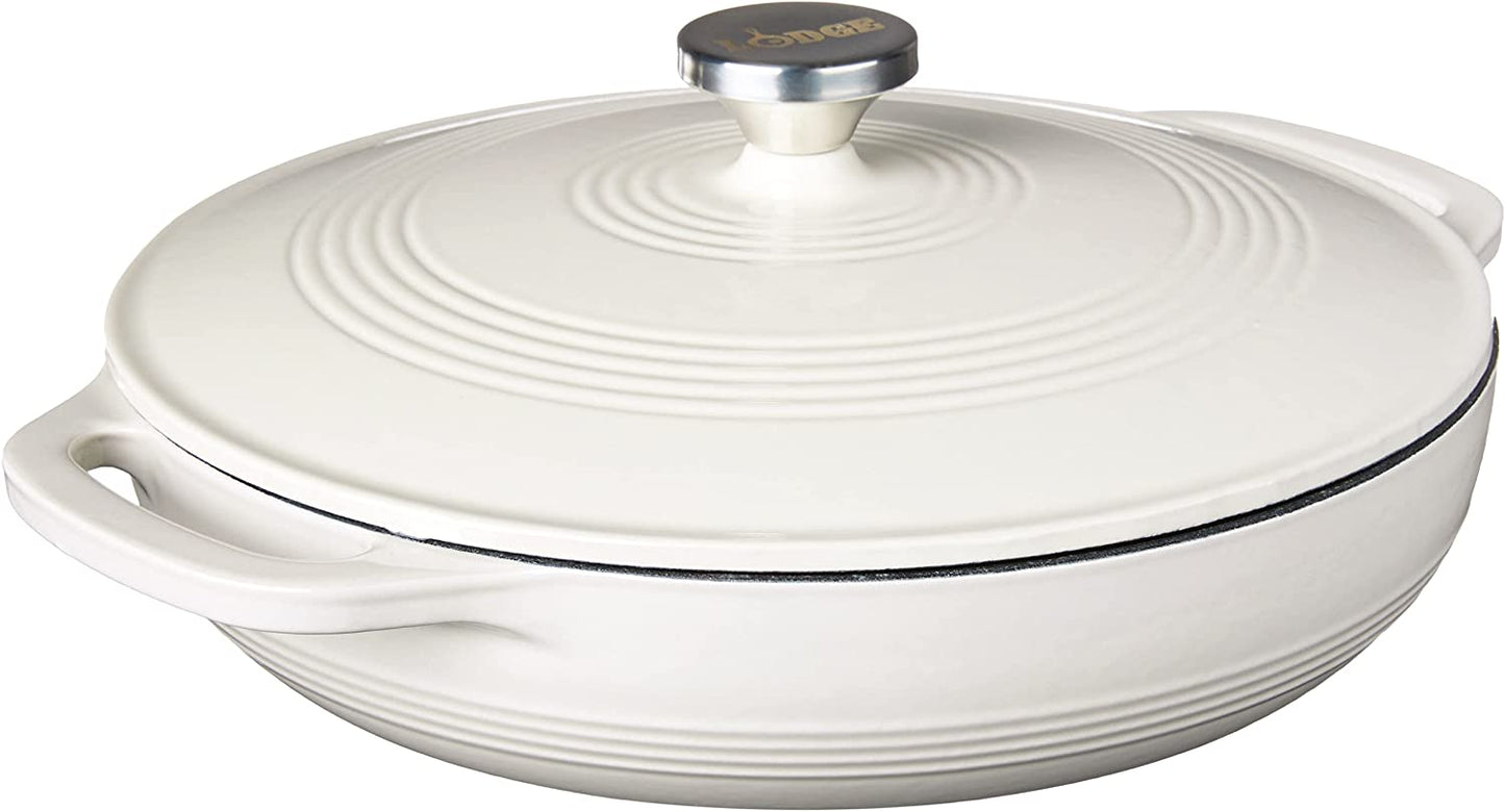 Lodge 3.6 Quart Enameled Cast Iron Oval Casserole with Lid– Dual Handles – Oven Safe up to 500° F or on Stovetop - Use to Marinate, Cook, Bake, Refrigerate and Serve – Oyster White