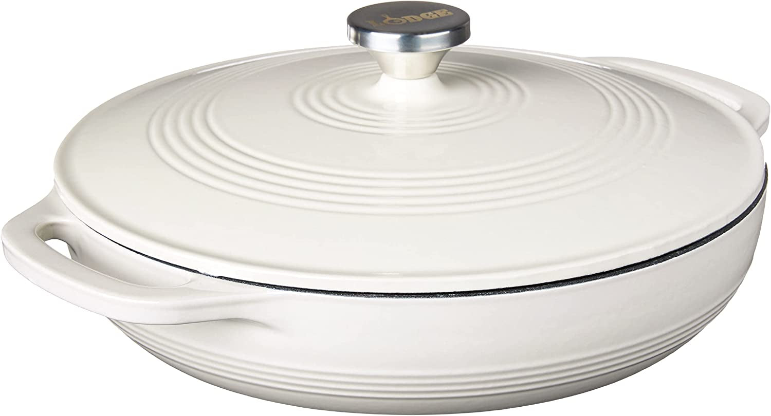Lodge 3.6 Quart Enameled Cast Iron Oval Casserole with Lid– Dual Handles – Oven Safe up to 500° F or on Stovetop - Use to Marinate, Cook, Bake, Refrigerate and Serve – Oyster White