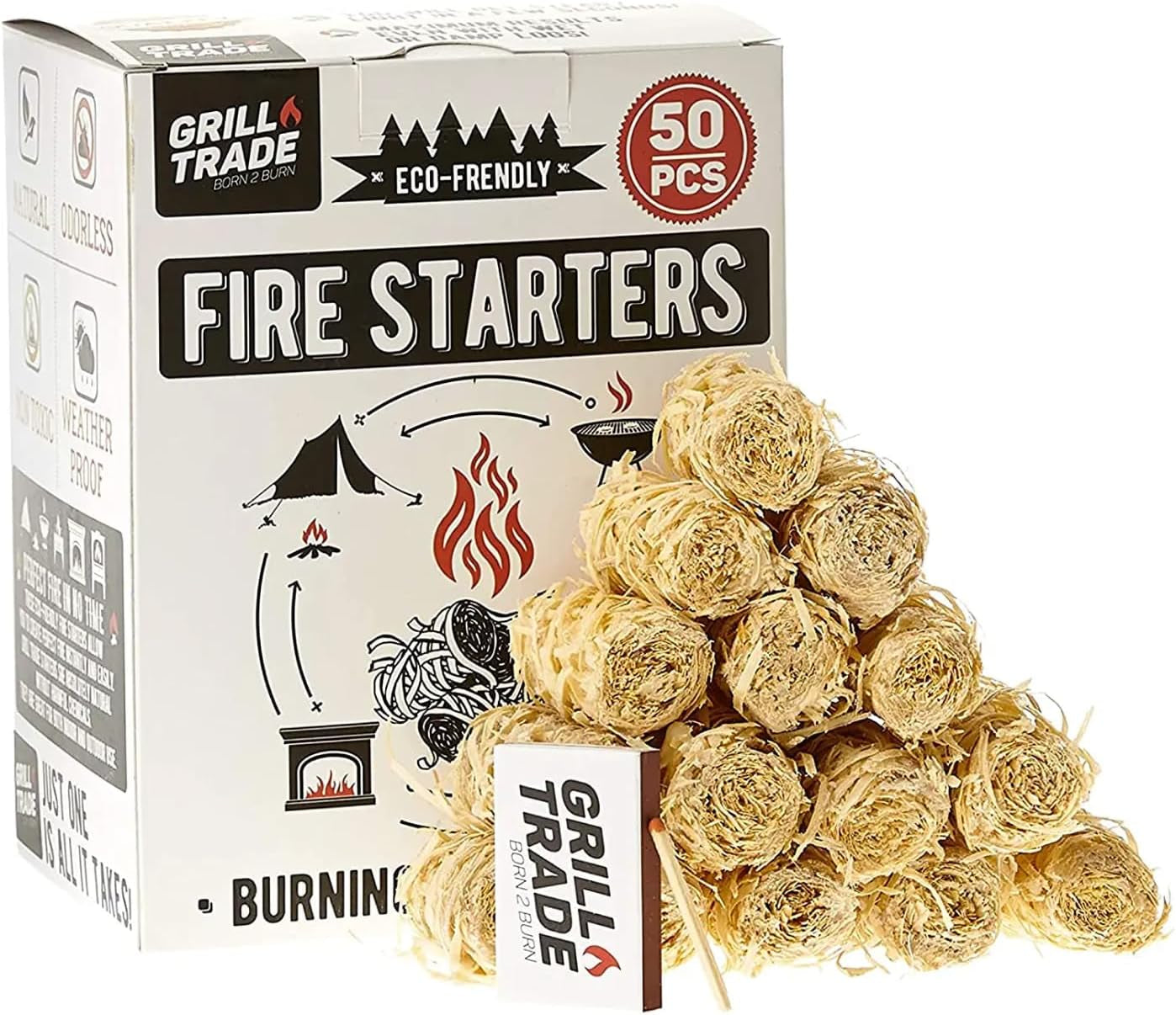 Grill Trade Firestarters 50 Pcs | Natural Fire Starters for Fireplace, Wood Stove, Campfires, Fire Pit, BBQ, Chimney, Pizza Oven | All Weather Charcoal Starters Waterproof Indoor/Outdoor Eco Friendly