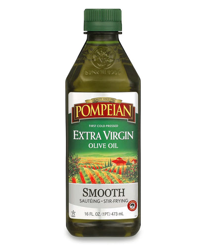 Pompeian Smooth Extra Virgin Olive Oil, Contains Polyphenols, First Cold Pressed, Mild and Delicate Flavor, Perfect for Sauteing & Stir-Frying, Naturally Gluten-Free, Non-Gmo, 16 FL Oz, Single Bottle
