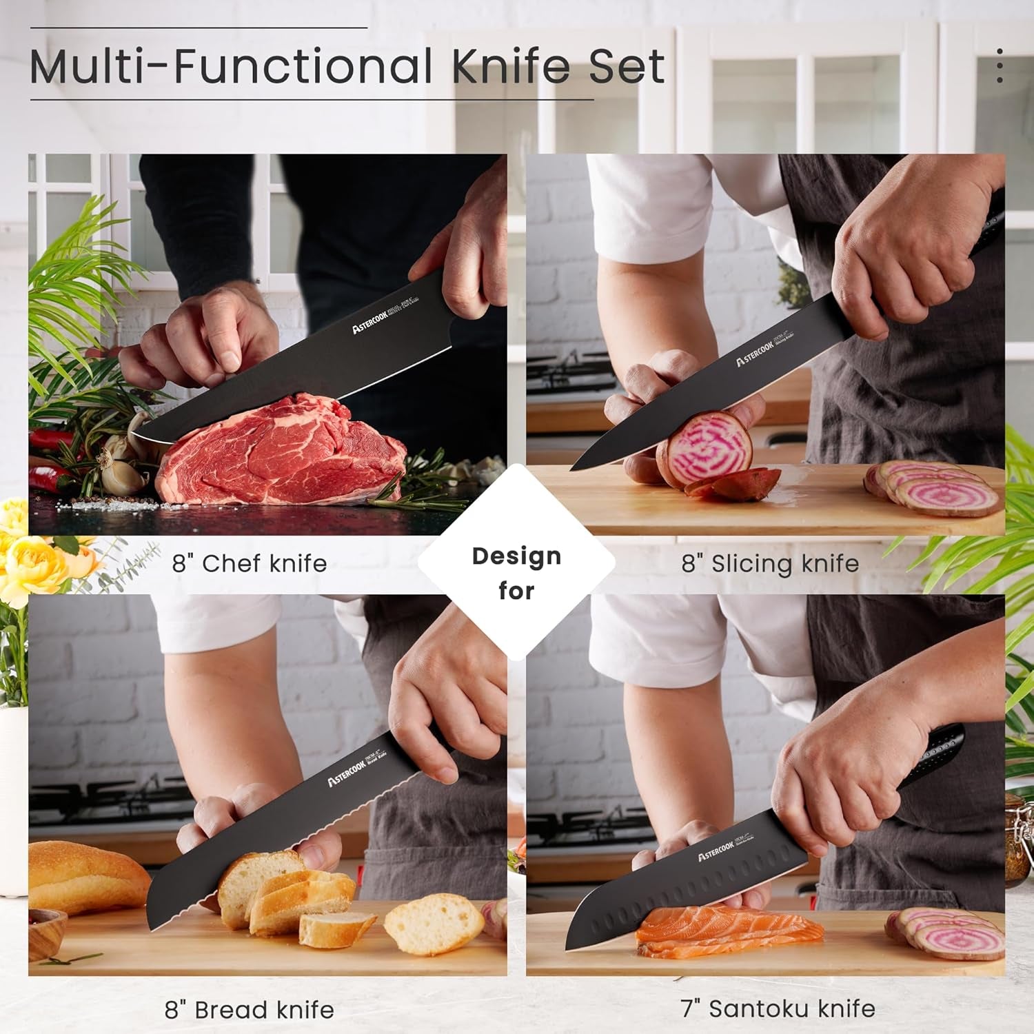 Astercook Knife Set, 15 Pieces Kitchen Knife Sets with Block and Built-In Knife Sharpener, German Stainless Steel Handle One-Piece Design Knives Block Set Dishwasher Safe, Black