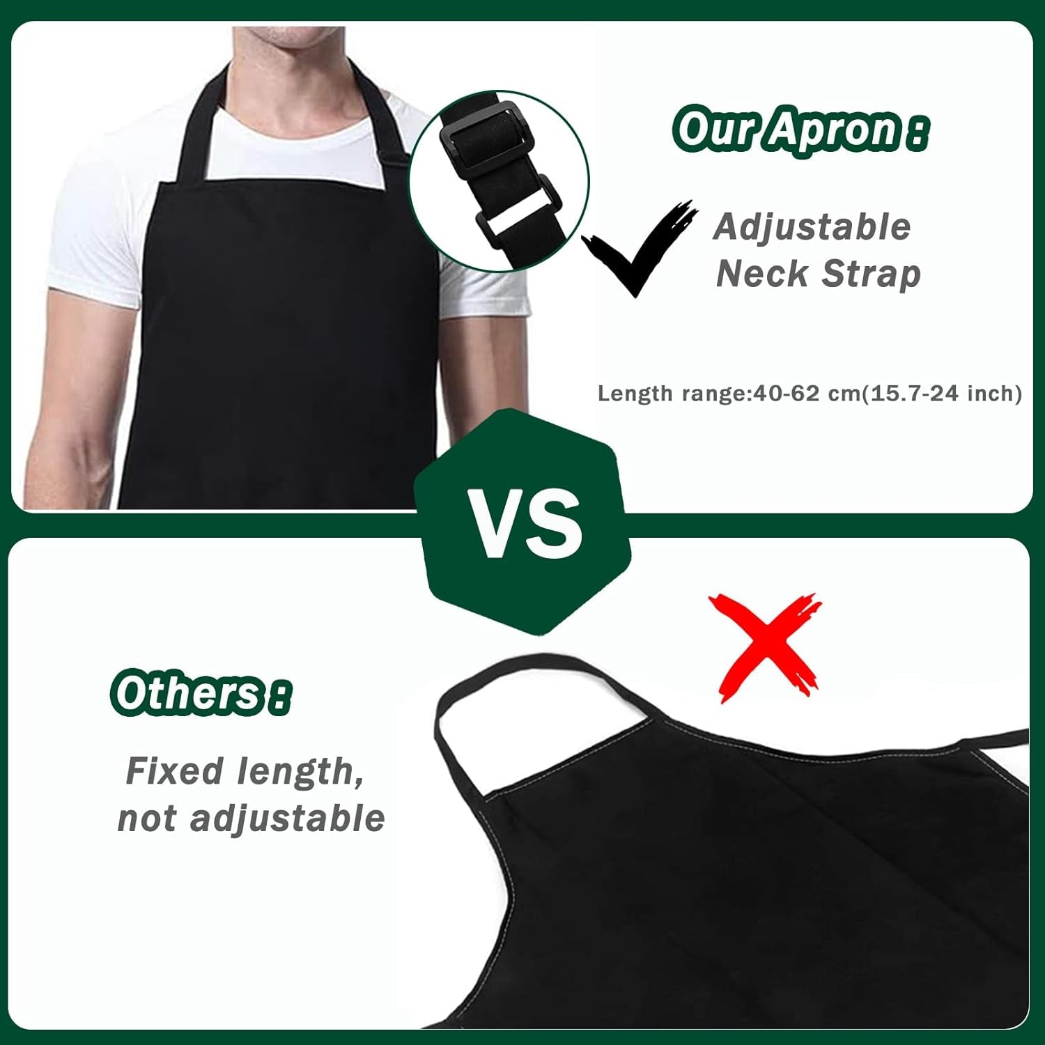 Black White Apron, Adjustable Chef Apron with 3 Pocket for Men Women Kitchen Cooking Dishwashing Cleaning (Polycotton)