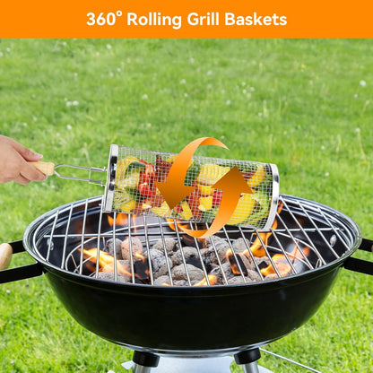 Rolling Grill Baskets for Outdoor,2 PCS BBQ Grilling Basket with Removable Wooden Handle, 5" and 3"Diameter 304 Stainless Steel BBQ Net for Vegetables Seafood Meat, Camping Birthday Gifts for Men Dad Husband