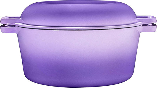 Bruntmor 2-In-1 Enamel Cast Iron Dutch Oven with Handles - Crock Pot Purple Cast Iron Pot with Skillet Lid - All-In-One Cookware Braising Pan for Casserole Dish - 5 Quart, Purple