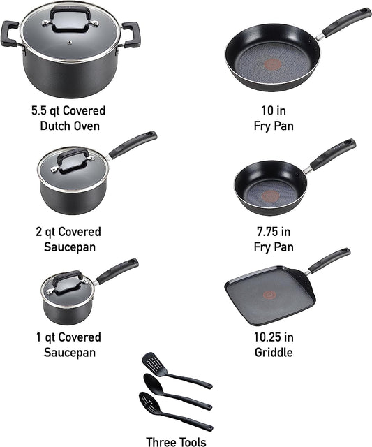 T-Fal Signature Nonstick Cookware Set 12 Piece, Oven Broiler Safe 350F, Pots and Pans, Kitchen Cooking Set W/Fry Pans, Saucepans, Saute Pan, Dutch Oven, Griddle, Kitchen, Home, Dishwasher Safe, Black
