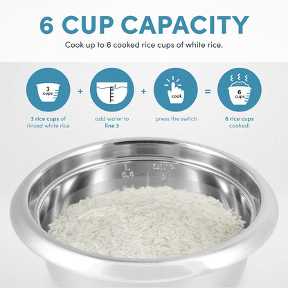 Aroma Housewares 6-Cup (Cooked Yield ) / 1.2Qt. Select Stainless Pot-Style Rice Cooker, & Food Steamer, One-Touch Operation, White