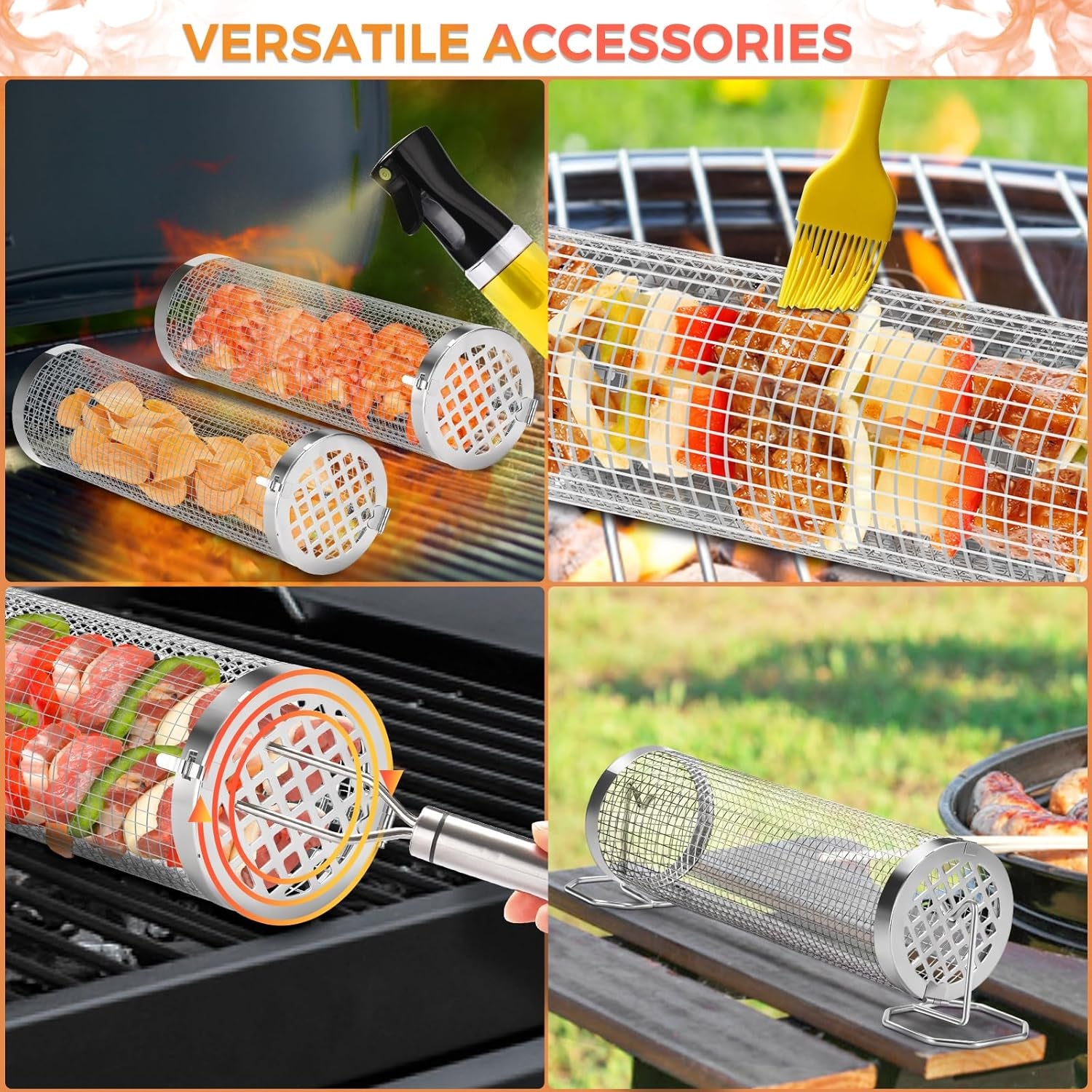 Rolling Grilling Basket, 2 PCS BBQ Grill Basket， Stainless Steel Grill Mesh with Grilling Accessories, Portable Outdoor Camping BBQ Grill Nets Cylinder for Fish, Shrimp, Vegetables, Meat