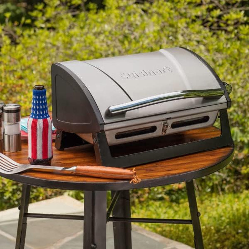 Cuisinart Grillster Portable Gas Grill, Stainless Steel Compact BBQ Grill with Locking Lid for Easy Transport, 8000 BTU Propane Grill with Dishwasher Safe Cooking Grate, Small Grill for Camping & Bbqs