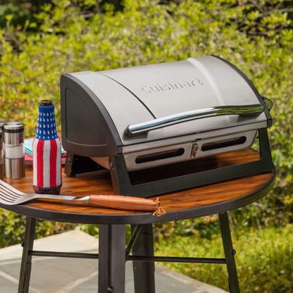 Cuisinart Grillster Portable Gas Grill, Stainless Steel Compact BBQ Grill with Locking Lid for Easy Transport, 8000 BTU Propane Grill with Dishwasher Safe Cooking Grate, Small Grill for Camping & Bbqs