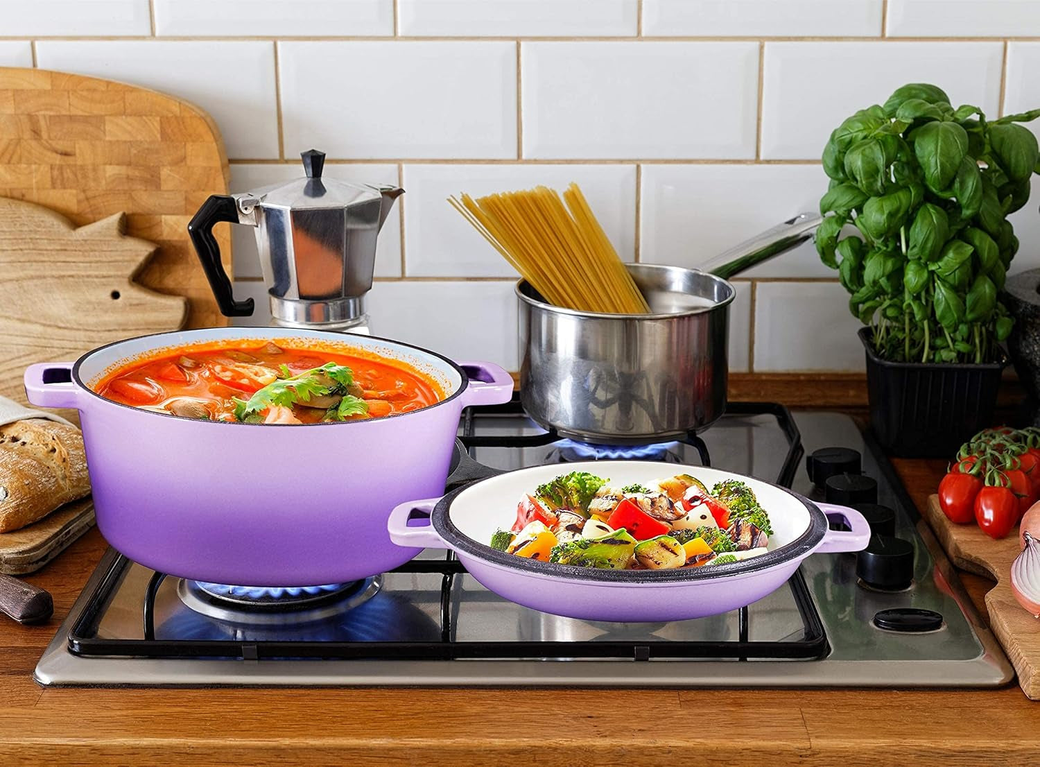 Bruntmor 2-In-1 Enamel Cast Iron Dutch Oven with Handles - Crock Pot Purple Cast Iron Pot with Skillet Lid - All-In-One Cookware Braising Pan for Casserole Dish - 5 Quart, Purple