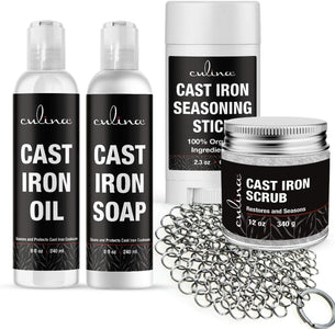 Culina Cast Iron Seasoning Stick & Soap & Oil Conditioner & Restoring Scrub & Stainless Scrubber | All Natural Ingredients | Best for Cleaning, Non-stick Cooking & Restoring | Cast Iron Cookware - LivanaNatural 