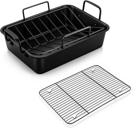 14 Inch Roasting Pan with Rack Set, P&P CHEF Turkey Roaster Pan & V-Shape Baking Rack & Cooling Rack for Chicken Vegetable Lasagna Cookie, Nonstick Coating & Stainless Steel Core, Sturdy & Healthy