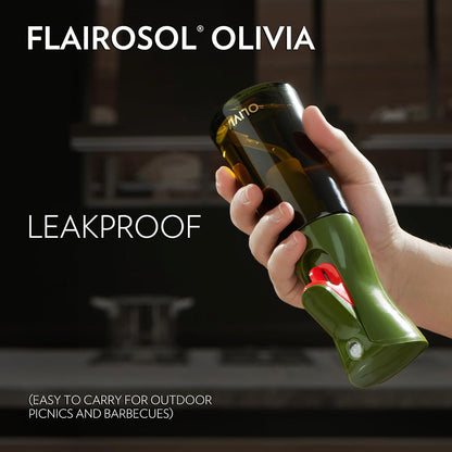 FLAIROSOL OLIVIA Oil Sprayer for Cooking, 200Ml Glass Olive Oil Sprayer, Continuous Cooking Spray with Portion Control, Oil Dispenser for Kitchen, Air Fryer, Salad, BBQ (Green Bottle, Gold Print)