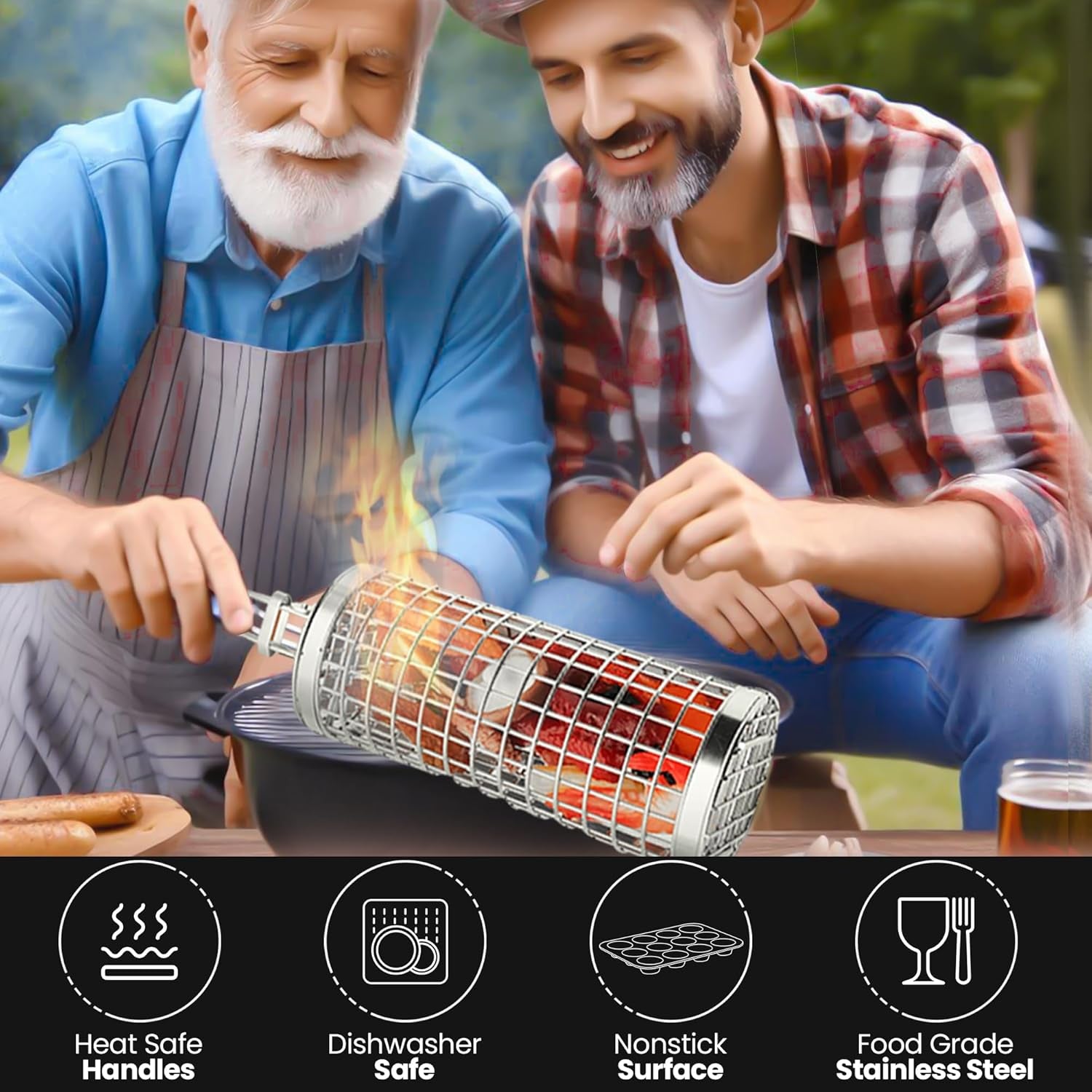 Grill Well 2.0 - Rolling Grill Basket (2 Pcs) for Vegetables, Kebob, Shrimp | BBQ Grilling Accessories for Outdoor Cooking & Camping | Perfect Father'S Day Gift for Men, Step Dad, Grandpa