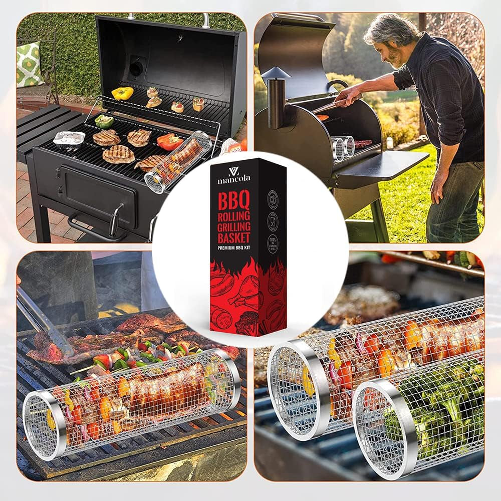 BBQ Net Tube-Rolling Grilling Basket,Rolling Grilling Baskets for Outdoor Grilling,Round Stainless Steel BBQ Grill Mesh, Camping Barbecue Rack for Vegetables, French Fries, Fish