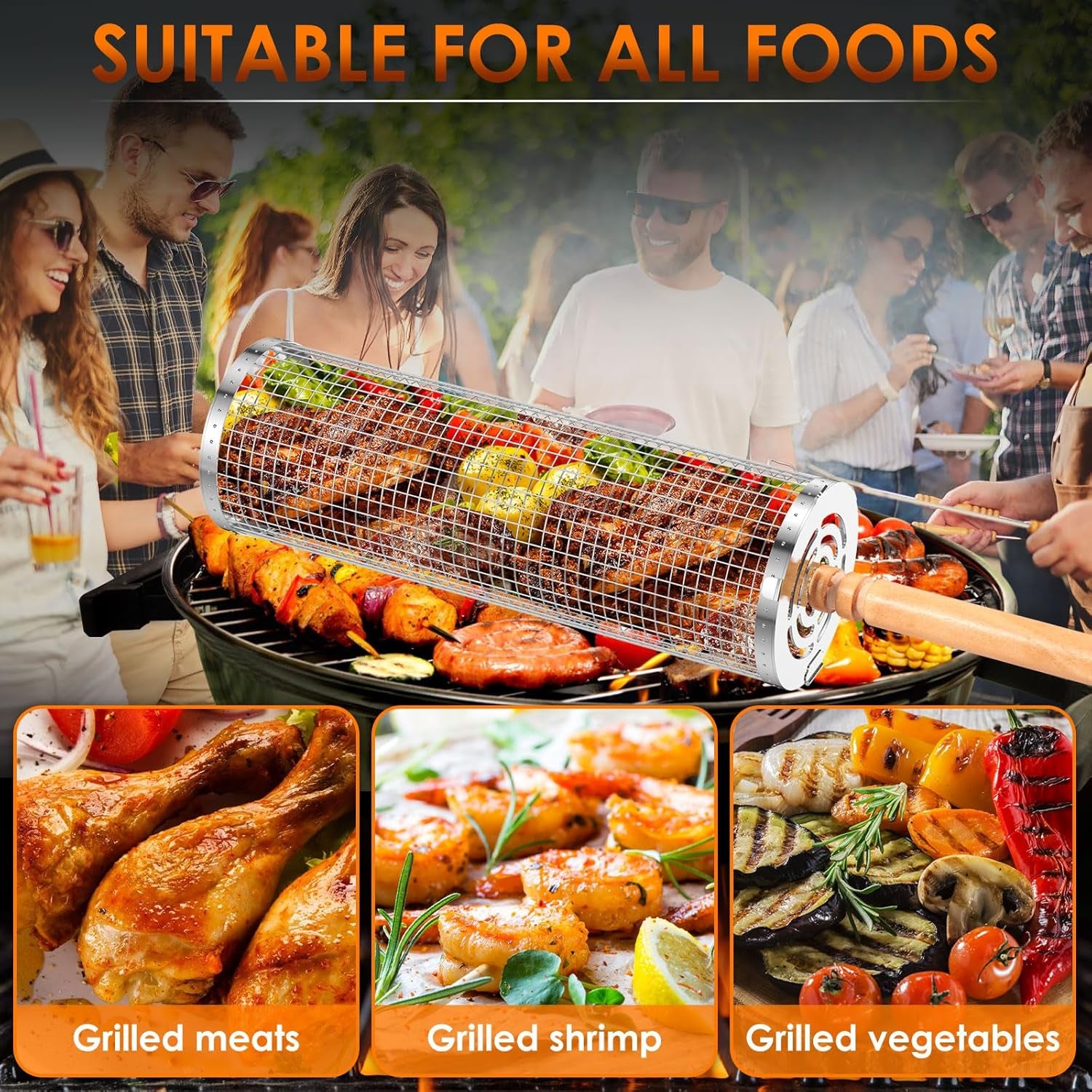 Rolling Grill Baskets for Outdoor Grill, Nesting Grill Baskets with Wood Handle Stainless Tube round Rolling Grill Net Rolling Basket for BBQ Cooking Camping