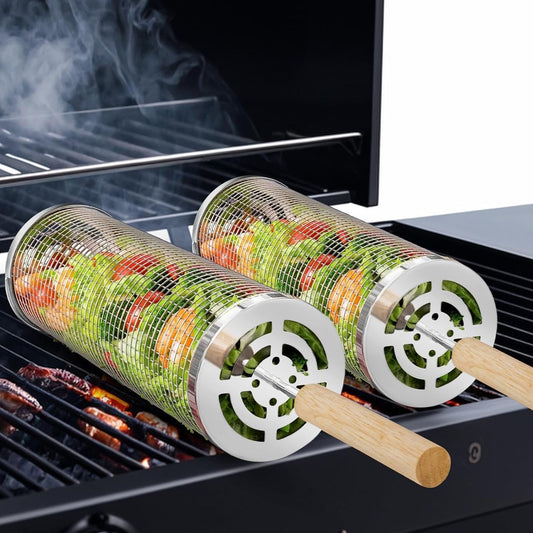 Nesting Grill Baskets (2 PCS), 304 Stainless Steel with Removable Wooden Handle, Rolling Grilling Net, BBQ Accessories Tools for Vegetables Shrimp, Outdoor Camping, Gifts for Men Dad and Husband