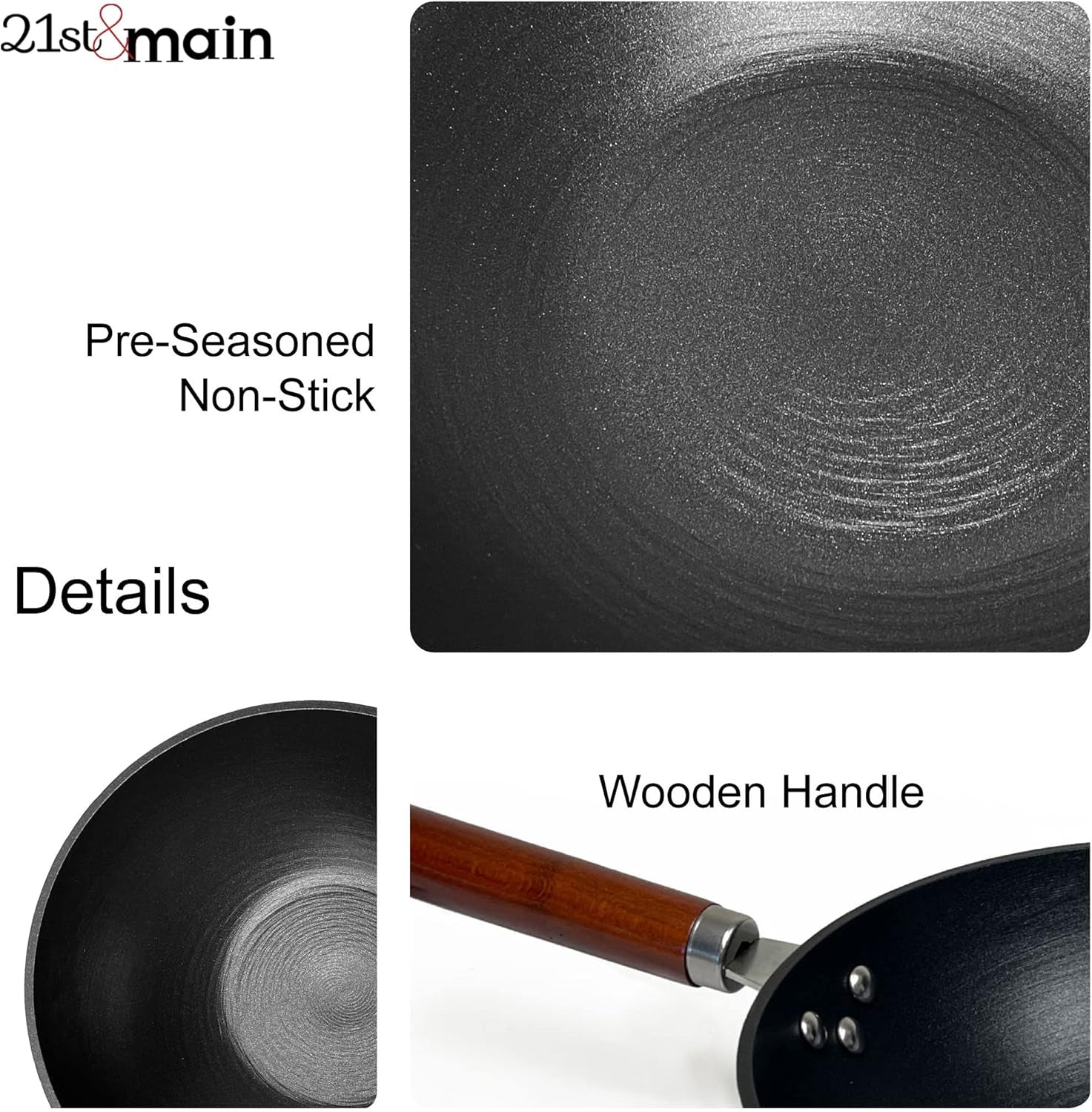 21St & Main Wok, Stir Fry Pan, Wooden Handle, 11 Inch, Lightweight Cast Iron, Chef’S Pan, Pre-Seasoned Nonstick, for Chinese Japanese and Other Cooking