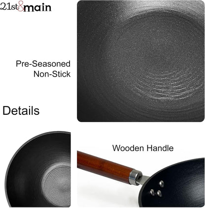 21St & Main Wok, Stir Fry Pan, Wooden Handle, 11 Inch, Lightweight Cast Iron, Chef’S Pan, Pre-Seasoned Nonstick, for Chinese Japanese and Other Cooking