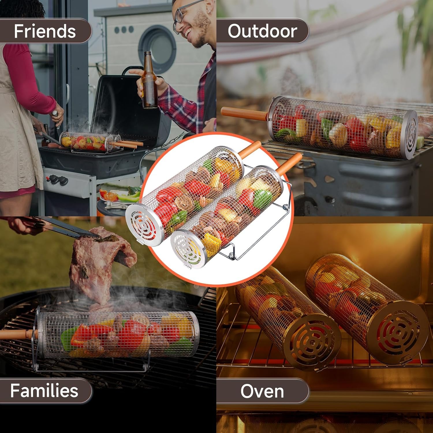 Rolling Grill Basket for Outdoor Grill 2 PCS, BBQ Grilling Gifts for Men Dad Husband, Stainless Steel Grill Mesh Barbeque Grill Accessories, Grilling Net with Wooden Handle & Stands, Outdoor Camping Tools for Chicken, Meat, Fish, Steak, Vegetables, Seafood